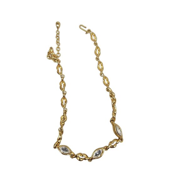 Gold Plated Chain Necklace W/ Marquise-Cut Clear Stones Adjustable Clasp 18" - Picture 4 of 16